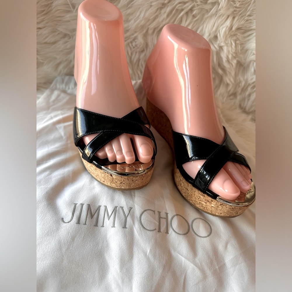 Jimmy Choo Black Patent Leather Prima Cork Wedge Sandals Size 37.5